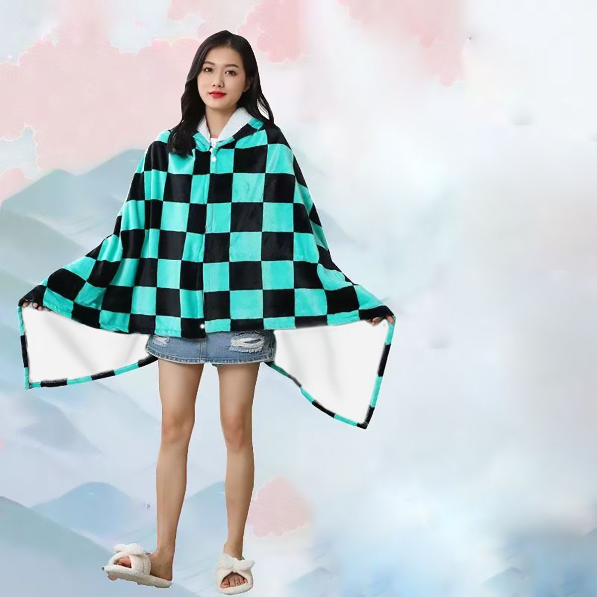 Cosplay Anime Zenitsu - Anime Flannel Blanket Hoodie Shawl Demon